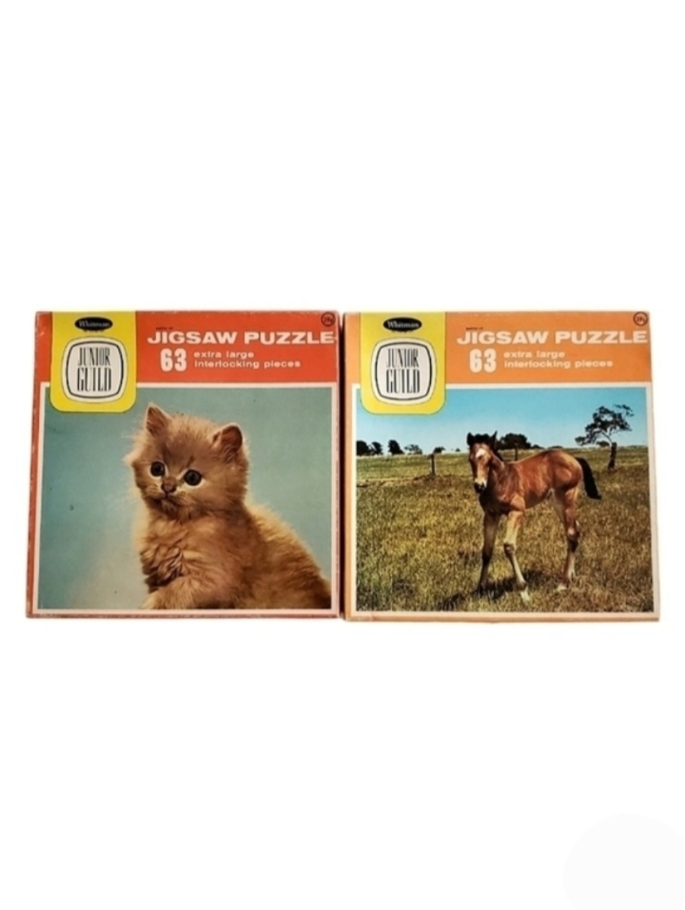 Whitman Junior Guild Jigsaw Puzzles Set of 2 Horse and Cat Themes Vintage